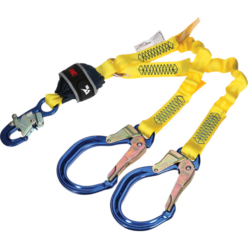 Twin-Leg Stretch Web Shock-Absorbing Lanyard, 4', Rebar Hook Center, Snap Hook Leg Ends Ontario Safety Products