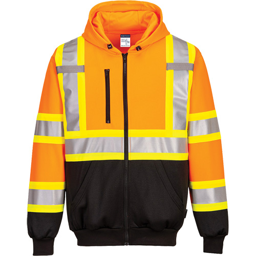 Chandail de s&eacute;curit&eacute; &agrave; capuchon avec bandes contrastantes, Petit, Noir/Orange haute visibilit&eacute; Ontario Safety Products