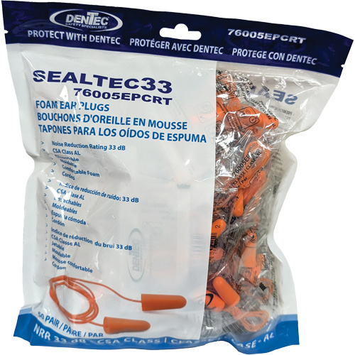 Bouchons d'oreilles coniques jetables en mousse de PU orange SEALTEC33, Vrac - Sac en poly, Avec cordon Ontario Safety Products