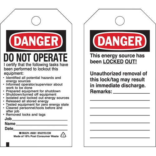 &eacute;tiquettes de verrouillage, Plastique, 3" la x 5-3/4" h, Anglais Ontario Safety Products