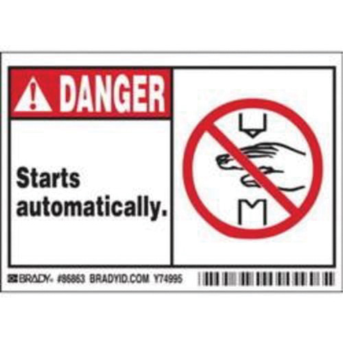 Enseigne Danger Starts Automatically, 3-1/2" x 5", Polyester, Anglais avec pictogramme Ontario Safety Products