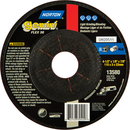 Gemini&reg; Flexible Mini Disc Depressed Centre Wheel, 4-1/2" x 1/8", 7/8" Arbor, Aluminum Oxide, Type 27 Ontario Safety Products