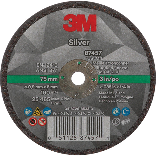 Meule &agrave; tronçonner Silver, 3" x 0,04", Arbre de 1/4"-28, Type 1, C&eacute;ramique, 25645 Tr/min Ontario Safety Products