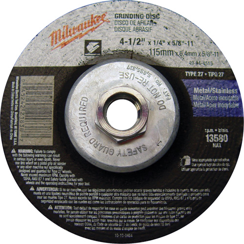 Grinding Wheel, 4-1/2" x 1/4", 5/8"-11 Arbor, Aluminum Oxide, Type 27 Ontario Safety Products
