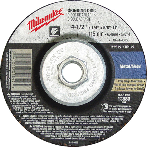 Meule, 4-1/2" x 1/8", Arbre 5/8"-11, Oxyde d'aluminium, Type 27 Ontario Safety Products