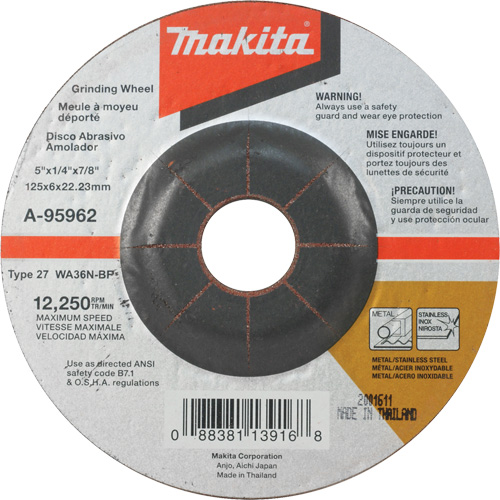 Meule inox, 5" x 1/4", Arbre 7/8", Oxyde d'aluminium, Type 27 Ontario Safety Products