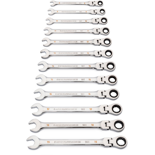 Jeu de cl&eacute;s &agrave; 12 pans et 90 dents, T&ecirc;te articul&eacute;e/Combinaison &agrave; cliquet, 12 morceaux, M&eacute;trique Ontario Safety Products