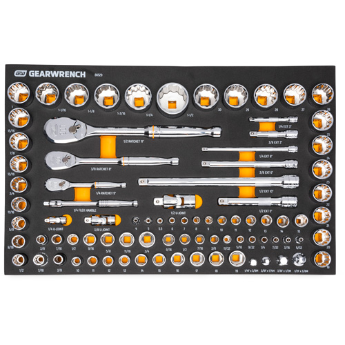 Jeu d'outils SAE/m&eacute;triques pour m&eacute;canicien &agrave; 90 dents 1/4", 3/8" & 1/2" avec plateau de rangement en mousse Ontario Safety Products