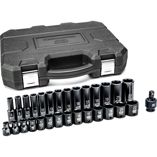 6-Point Metric Socket Set, 29 Pcs, Impact, 3/8" Drive Size, Deep Ontario Safety Products