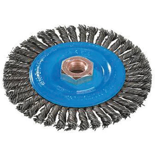 Brosse &agrave; fils nou&eacute;s pour cordons de soudure, Dia. 4", Fils 0,02", Arbre 5/8"-11, Aluminium/Acier inoxydable Ontario Safety Products