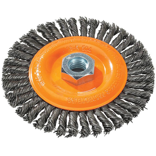 Brosse &agrave; fils nou&eacute;s pour cordons de soudure, Dia. 5", Fils 0,02", Arbre 5/8"-11, Acier Ontario Safety Products