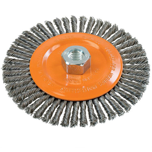 Brosse &agrave; fils nou&eacute;s pour cordons de soudure, Dia. 6", Fils 0,02", Arbre 5/8"-11, Acier Ontario Safety Products