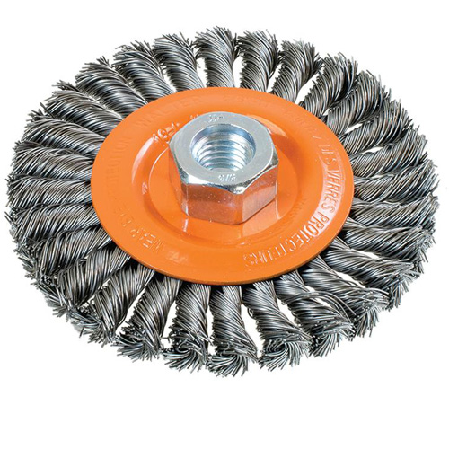 Wide Knotted Wire Wheel Brush, 4-1/2" Dia., 0.02" Fill, 5/8"-11 Arbor, Steel Ontario Safety Products