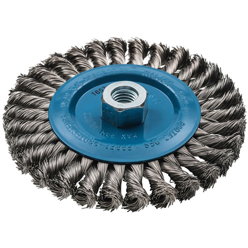 Wide Knotted Wire Wheel Brush, 6" Dia., 0.02" Fill, 5/8"-11 Arbor, Aluminum/Stainless Steel Ontario Safety Products