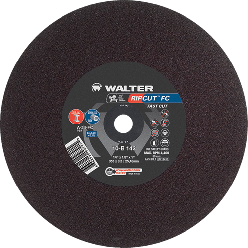 Ripcut Stainless Steel & Steel Cut-Off Wheel for Stationary Saws, 14" x 1/8", 1" Arbor, Type 1, Aluminum Oxide, 4400 RPM Ontario Safety Products