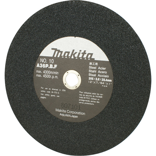 Meule abrasive pour scies &agrave; tronçonner et meuleuses dangle, 12" x 7/64", Arbre de 1", 4500 Tr/min Ontario Safety Products