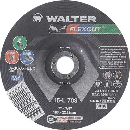 Meules &agrave; moyeu d&eacute;port&eacute; Flexcut, 7", 36 Grain, Oxyde d'aluminium, 7/8", 8600 Tr/min, Type 29 Ontario Safety Products