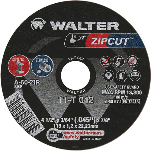 Meule &agrave; tronçonner Zipcut, 4-1/2" x 3/64", Arbre de 7/8", Type 1, Oxyde d'aluminium, 13 300 Tr/min Ontario Safety Products