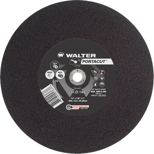 Meule &agrave; tronçonner rapide en acier inoxydable Portacut, 14" x 1/8", Arbre de 1", Type 1, Carbure de silicium, 5400 Tr/min Ontario Safety Products