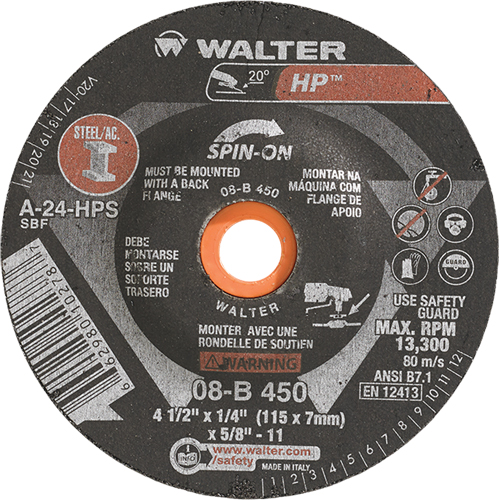 HP Spin-On Grinding Wheel, 4-1/2" x 1/4", 5/8"-11 Arbor, Type 27S Ontario Safety Products
