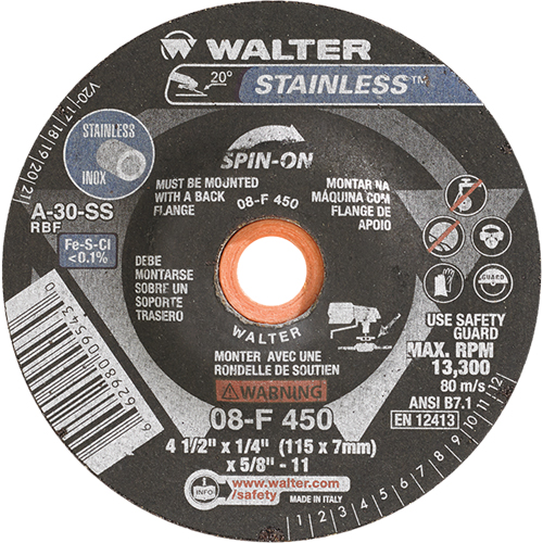 Meules &agrave; moyeu d&eacute;port&eacute; - Acier inoxydable type 27, 4-1/2" x 1/4", Arbre de 5/8"-11, Type 27S Ontario Safety Products