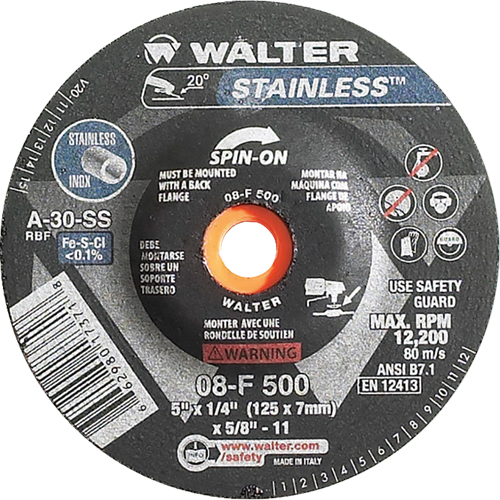 Meules &agrave; moyeu d&eacute;port&eacute; - Acier inoxydable type 27, 5" x 1/4", Arbre de 5/8"-11, Type 27S Ontario Safety Products