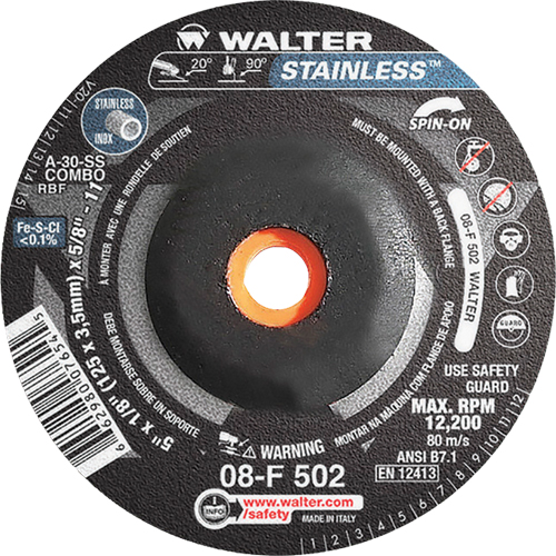 Meules &agrave; moyeu d&eacute;port&eacute; - Acier inoxydable type 27, 5" x 1/8", Arbre de 5/8"-11, Type 27S Ontario Safety Products