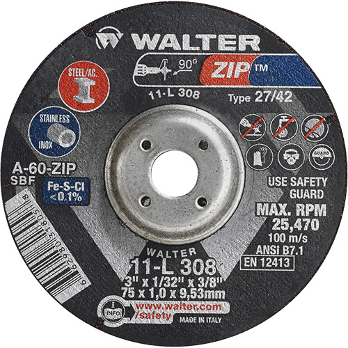 Disque de meulage et de tronçonnage Zip, 3" x 1/13", Arbre de 3/8", Type 27, Grain de 60, Oxyde d'aluminium Ontario Safety Products
