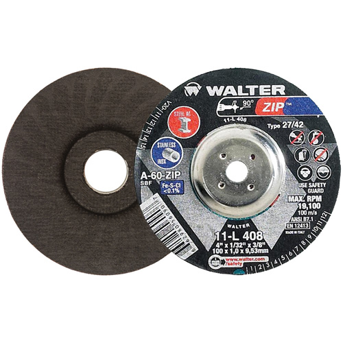 Disque de meulage et de tronçonnage Zip, 4" x 1/32", Arbre de 3/8", Type 27, Grain de 60, Oxyde d'aluminium Ontario Safety Products