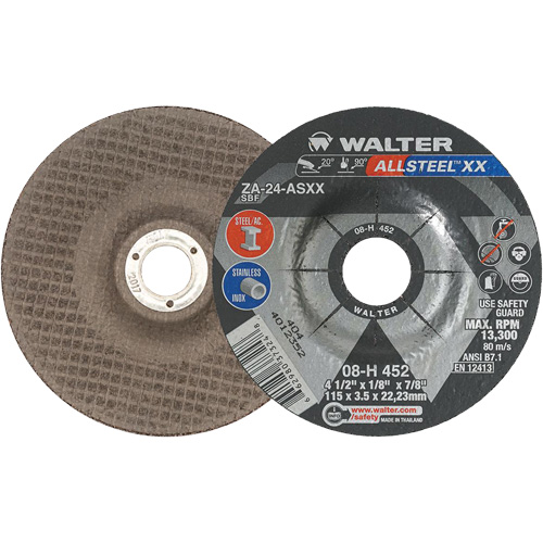 Meules &agrave; moyeu d&eacute;port&eacute; ALLSTEEL XX, 4-1/2" x 1/8", Arbre de 7/8", Type 27, Alumine de zirconium, 13 300 Tr/min Ontario Safety Products