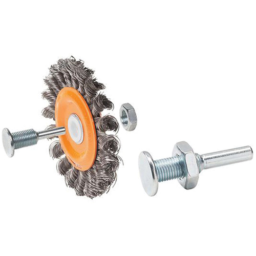 Brosse rotative mont&eacute;e &agrave; fils nou&eacute;s torsad&eacute;s r&eacute;versible, Dia. 3", Fils 0,0118", Arbre 1/2", Acier Ontario Safety Products