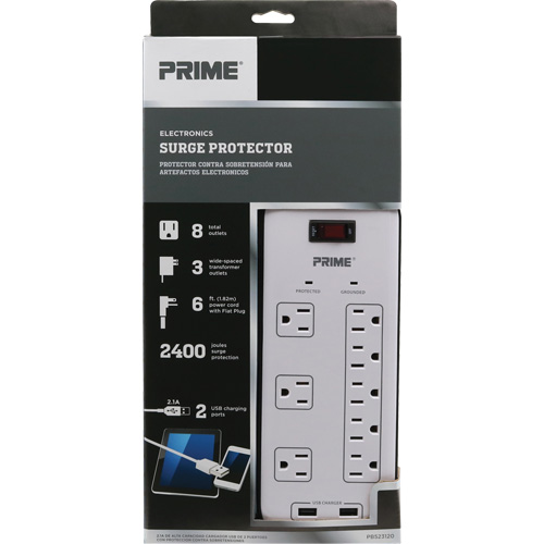 Limiteurs de surtension avec chargeur USB, 8 Prises, 2400 J, 1875 W, Cordon 6' Ontario Safety Products
