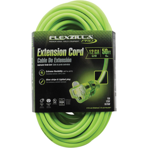 Flexzilla&reg; Pro Industrial Extension Cord, All-Weather, SJTW, 12/3 AWG, 15 A, 50' Ontario Safety Products