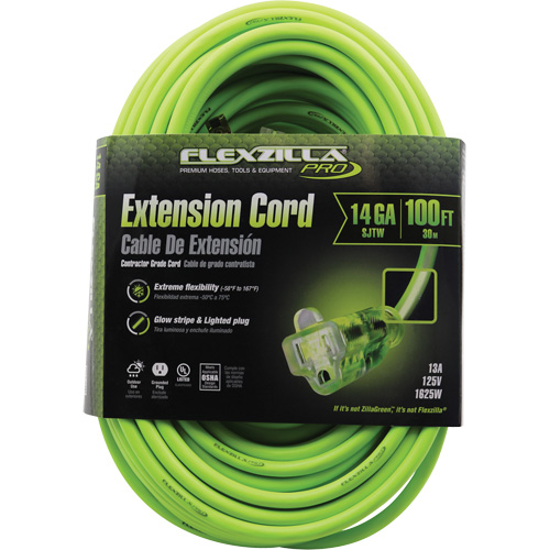 Flexzilla&reg; Pro Industrial Extension Cord, All-Weather, SJTW, 14/3 AWG, 15 A, 100' Ontario Safety Products