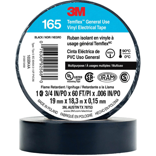 Ruban isolant en vinyle &agrave; usage g&eacute;n&eacute;ral Temflex 165, 19 mm (3/4") x 18 m (60'), Noir, 6 mils Ontario Safety Products