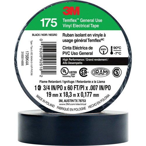 Temflex General Use Vinyl Electrical Tape 175, 19 mm (3/4") x 18 M (60'), Black, 7 mils Ontario Safety Products