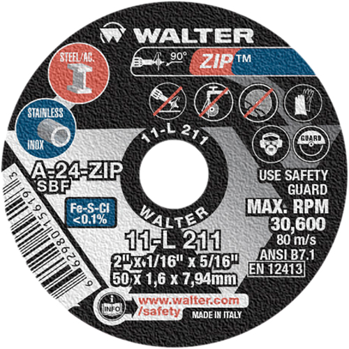 Zip Cut-Off Wheel, 2" x 1/16", 5/16" Arbor, Type 1, Aluminum Oxide, 5100 RPM Ontario Safety Products