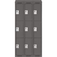 Clean Line Lockers, 3 -tier, Bank of 3, 36" x 18" x 78", Steel, Charcoal, Rivet (Assembled) Ontario Safety Products