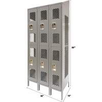 Vented Lockers, 2 -tier, Bank of 3, 36 x 18" x 88", Steel, Grey, Knocked Down, Perforated Ontario Safety Products