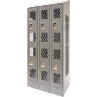 Vented Lockers, 2 -tier, Bank of 3, 36 x 18" x 88", Steel, Grey, Knocked Down, Perforated Ontario Safety Products