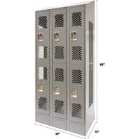 Vented Lockers, 2 -tier, Bank of 3, 36 x 18" x 88", Steel, Grey, Knocked Down, Perforated Ontario Safety Products