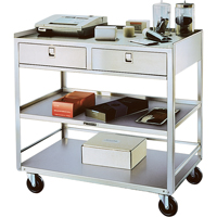 Stainless Steel Equipment Stands, 300 lbs. Capacity, Stainless Steel, 20"/20-1/8" x W, 35" x H, 37"/36-3/8" D, Knocked Down, 2 Drawers MK980 | Ontario Safety Product