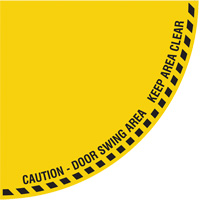 "Caution" Quarter Circle Swing Door Floor Sign, Adhesive, English with Pictogram SGY043 | Ontario Safety Product