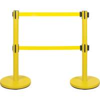 Dual Belt Crowd Control Barrier, Steel, 35" H, Yellow Tape, 7' Tape Length SHA666 | Ontario Safety Product