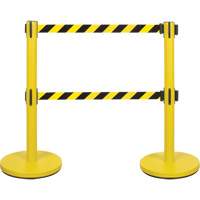 Dual Belt Crowd Control Barrier, Steel, 35" H, Black/Yellow Tape, 7' Tape Length SHA669 | Ontario Safety Product