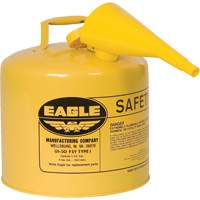 Bidon de s&eacute;curit&eacute; pour le diesel avec entonnoir, Type I, Acier galvanis&eacute;, 5 gal. US, Jaune, Homologu&eacute; FM/List&eacute; UL/ULC Ontario Safety Products