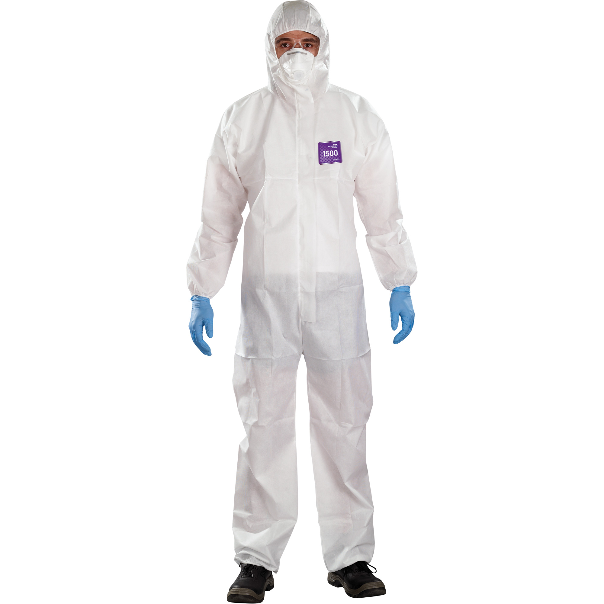 Ansell Alphatec Microchem Coveralls with Collar, Large, White, SMS